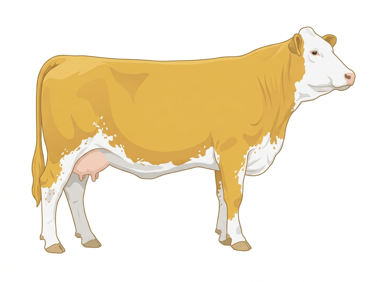 Gold with a full white face, white brisket and underline and ticking in the white Fullblood Simmental Cow