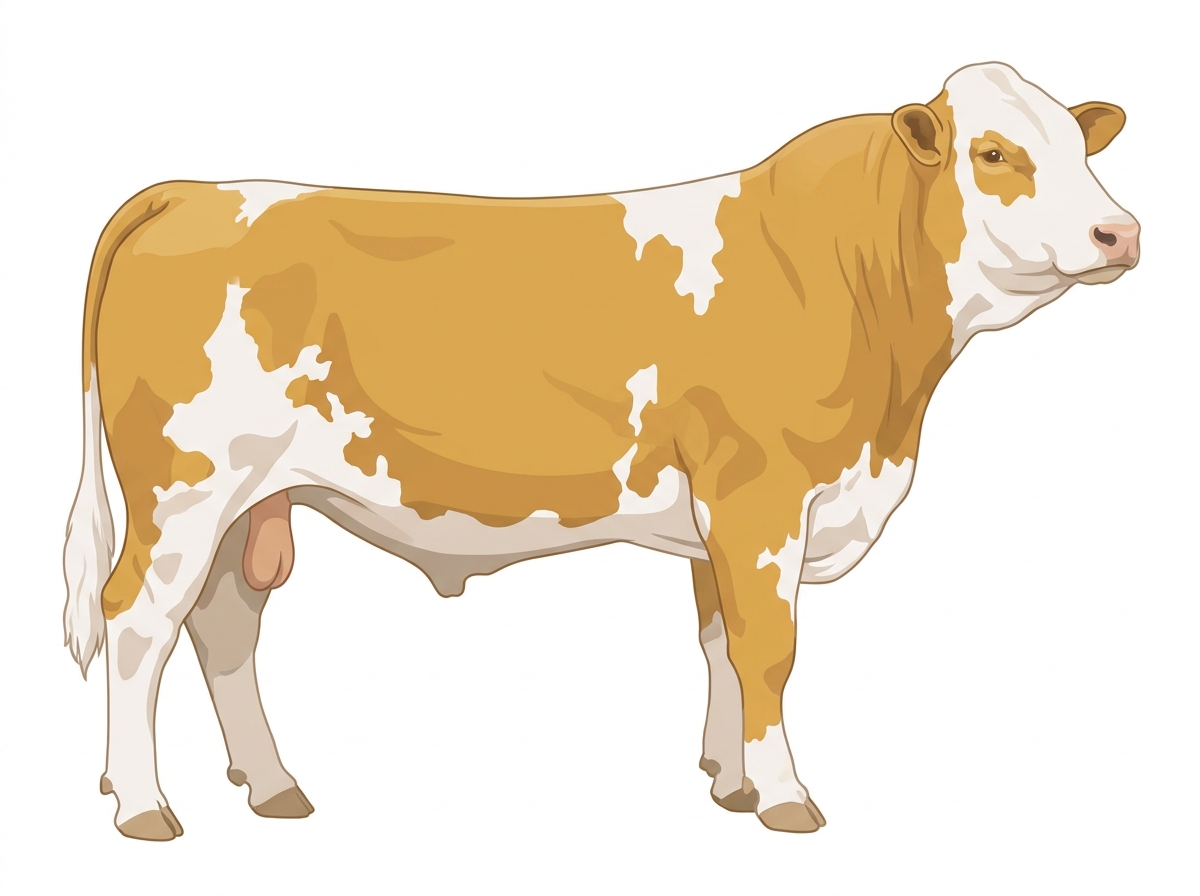 Gold with a full white face, white brisket and underline and white in large patches Fullblood Simmental Bull