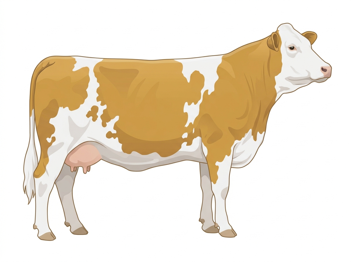 Gold with a full white face, white brisket and underline and white in large patches Fullblood Simmental Cow