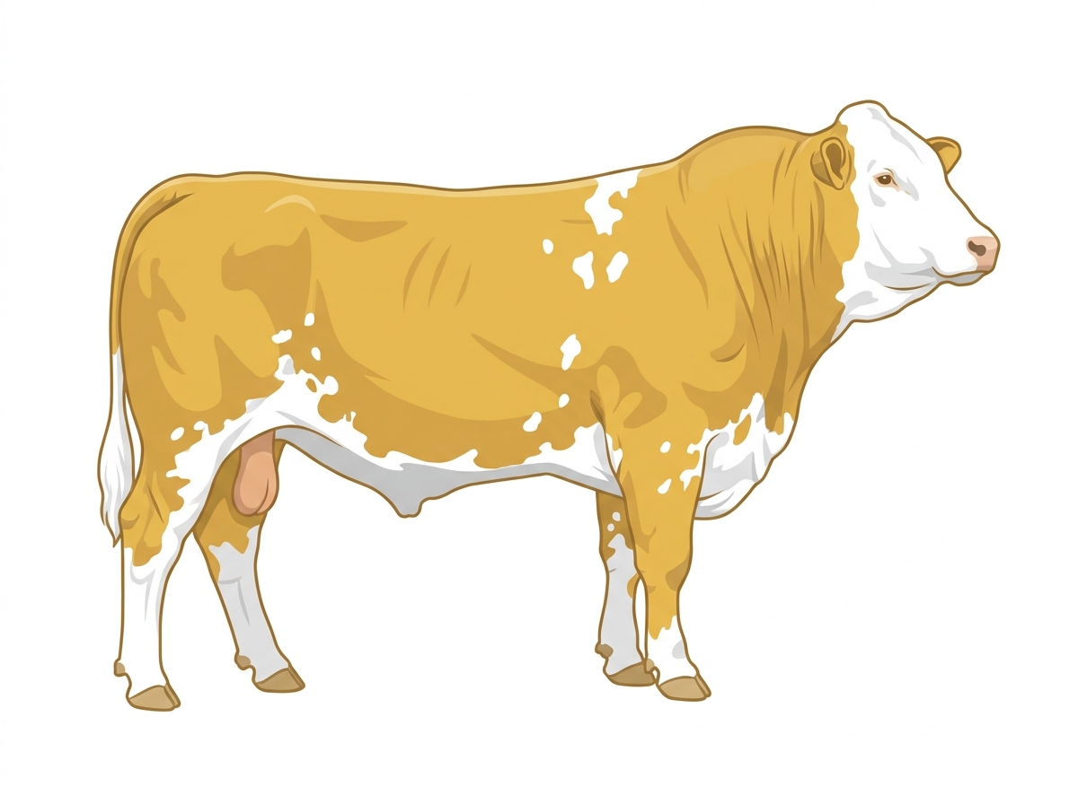 Gold with a full white face, white brisket and underline and white spots Fullblood Simmental Bull