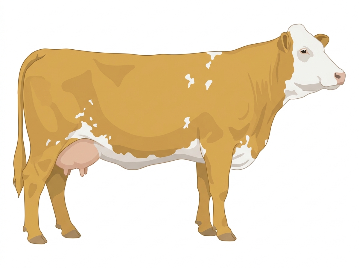 Gold with a full white face, white brisket and underline and white spots Fullblood Simmental Cow