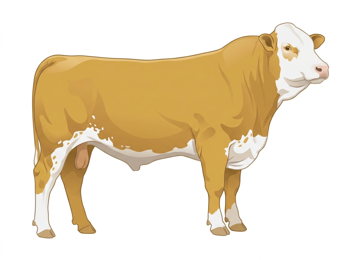 Gold with a full white face, white brisket and underline, white spots and ticking in the white Fullblood Simmental Bull