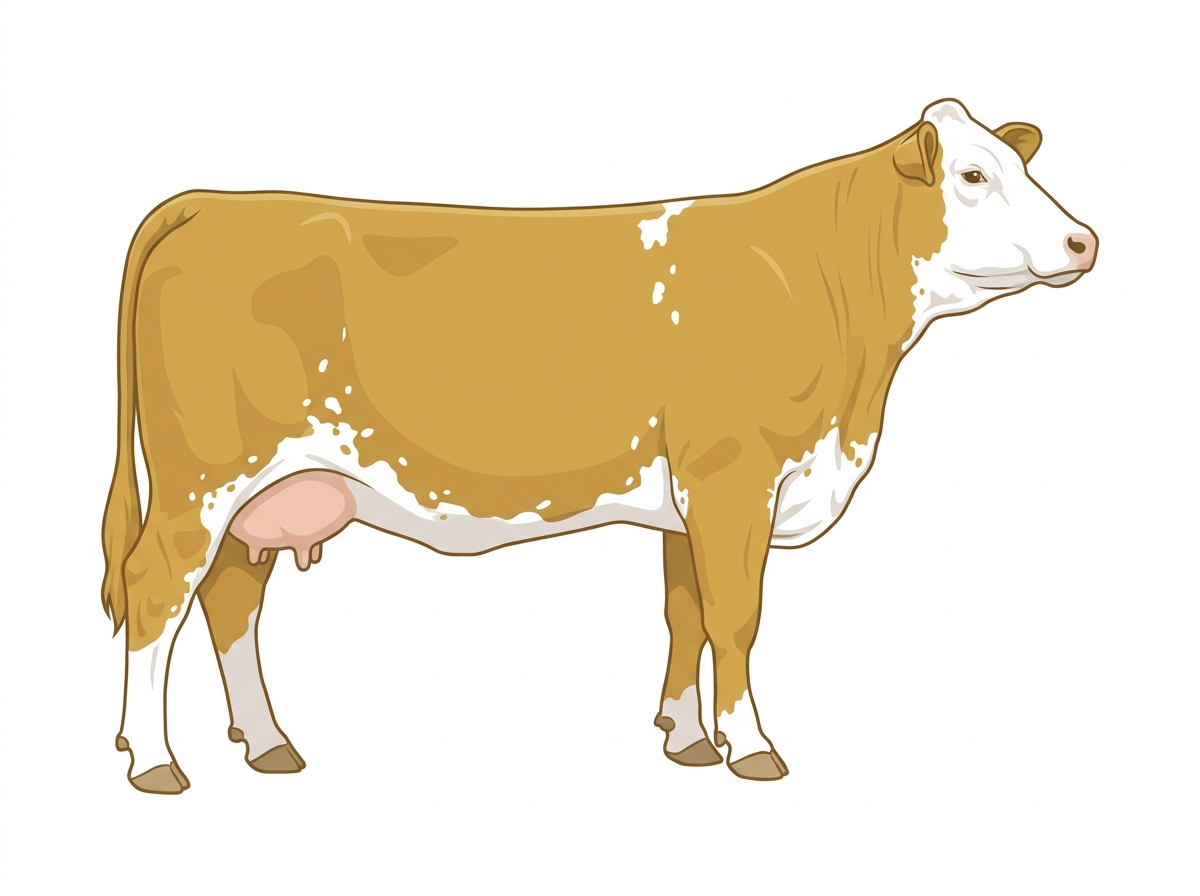 Gold with a full white face, white brisket and underline, white spots and ticking in the white Fullblood Simmental Cow