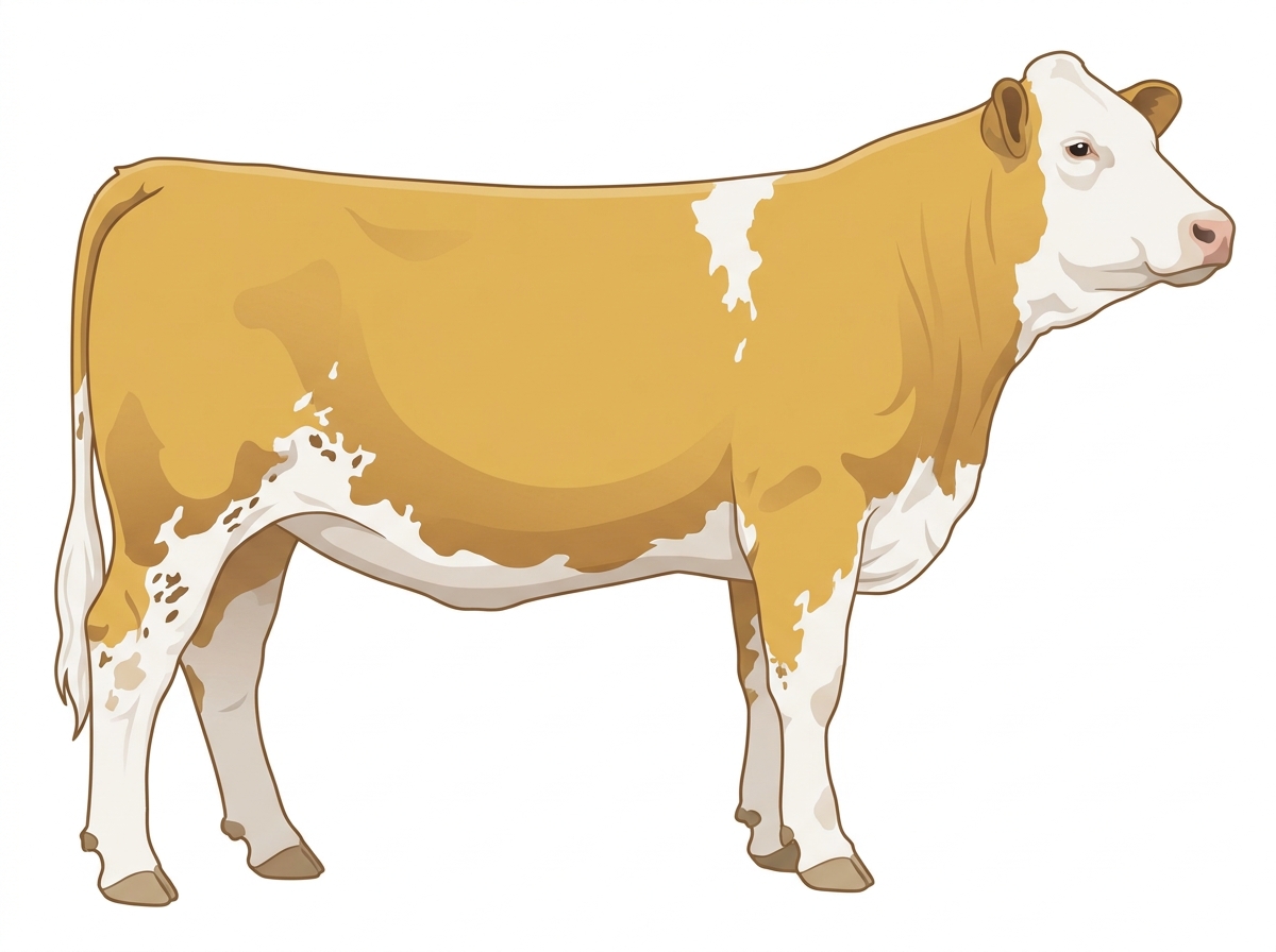 Gold with a full white face, white brisket and underline, white spots and ticking in the white Fullblood Simmental Heifer