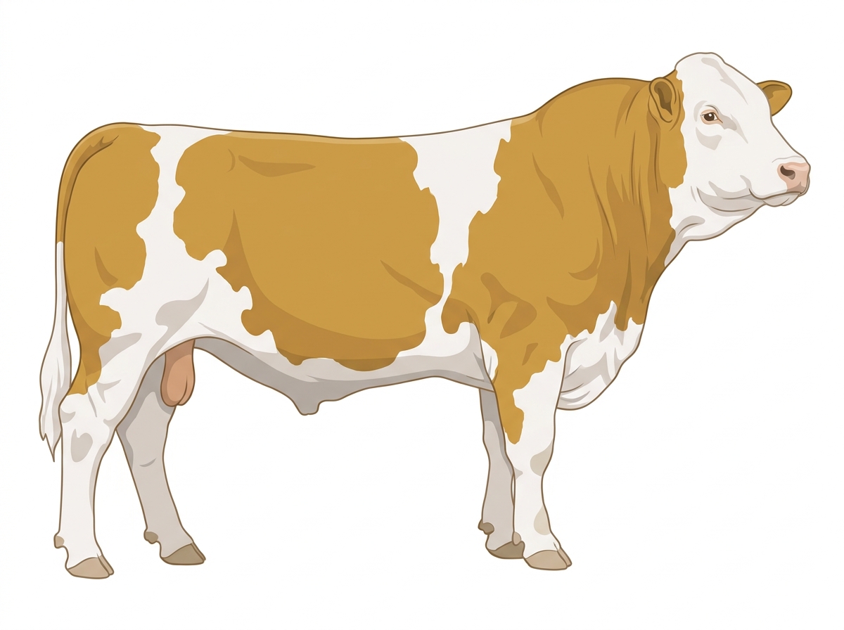 Gold with a full white face, white brisket, underline and legs and white in large patches Fullblood Simmental Bull