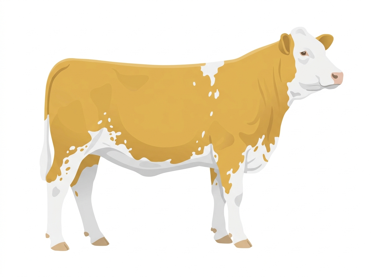 Gold with a full white face, white brisket, underline and legs, white spots and ticking in the white Fullblood Simmental Heifer