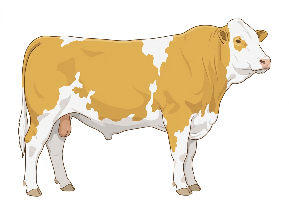 Gold with a white face and colored patches on a mostly white body Fullblood Simmental Bull
