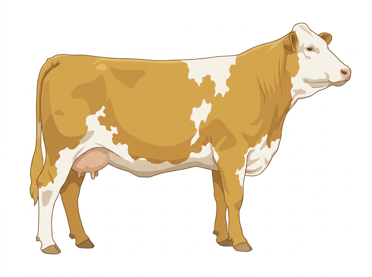 Gold with a white face and white in large patches Fullblood Simmental Cow