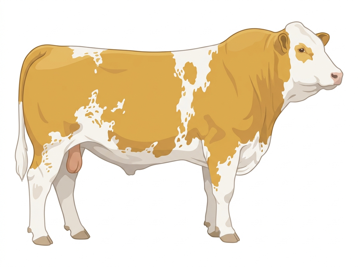 Gold with a white face, colored patches on a mostly white body and ticking in the white Fullblood Simmental Bull