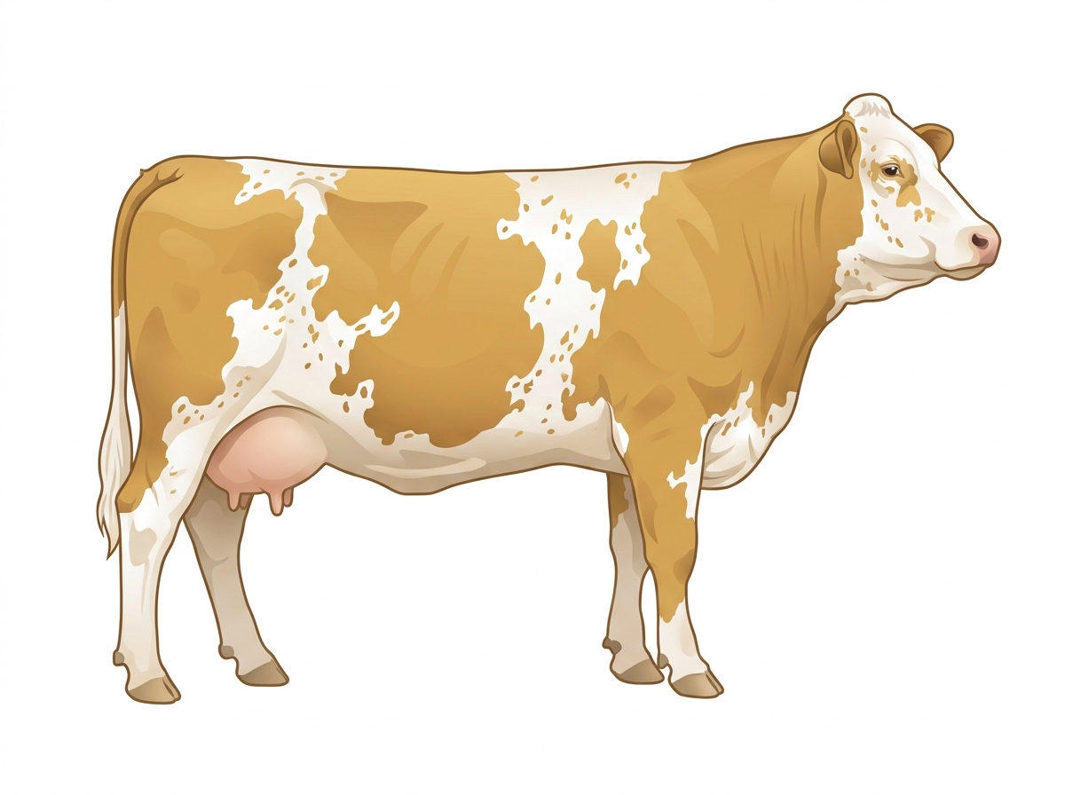 Gold with a white face, white in large patches and ticking in the white Fullblood Simmental Cow