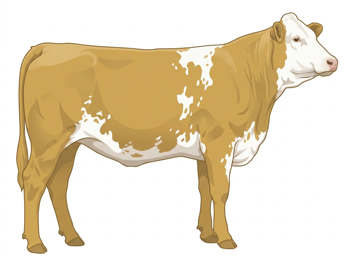 Gold with a white face, white in large patches and ticking in the white Fullblood Simmental Heifer