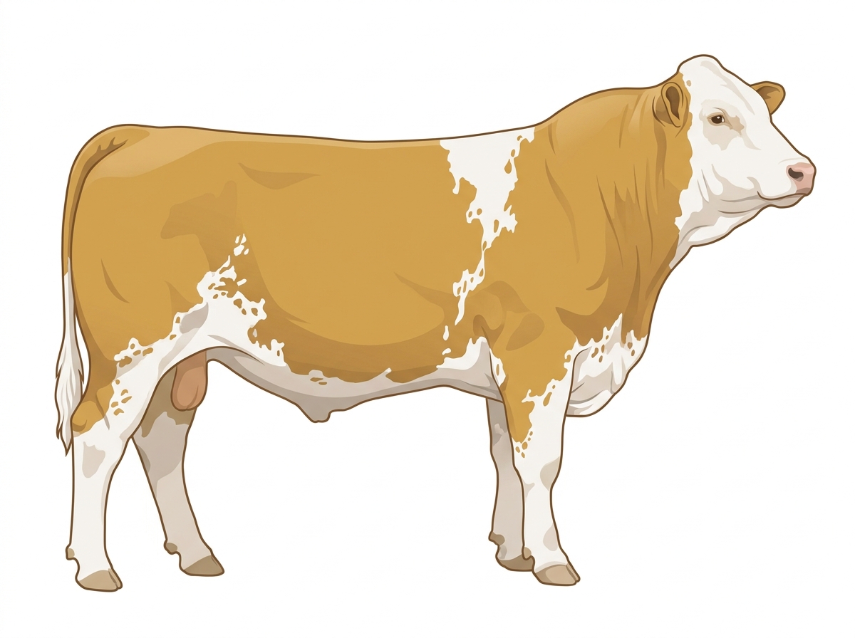Gold with a white face, white in large patches and ticking in the white Fullblood Simmental Steer