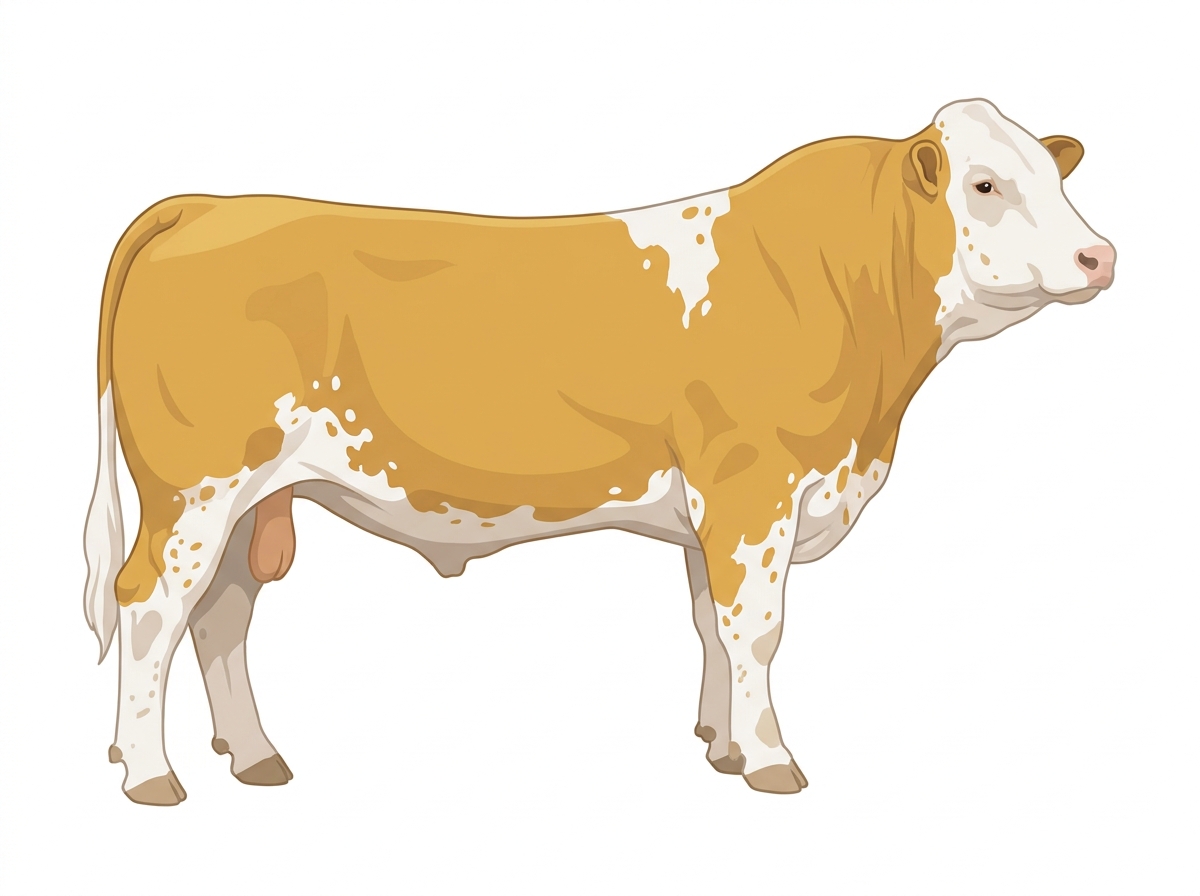 Gold with a white face, white spots and ticking in the white Fullblood Simmental Bull