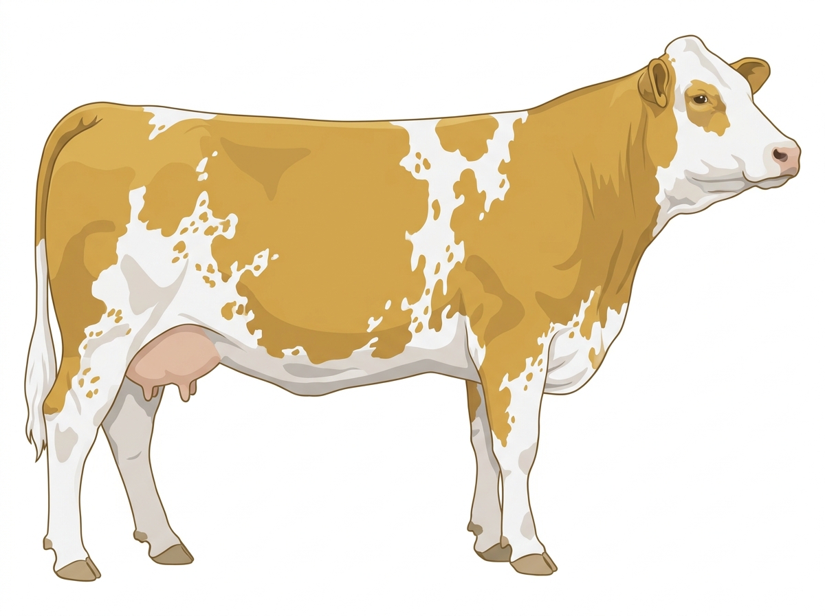 Gold with white in large patches and ticking in the white Fullblood Simmental Cow
