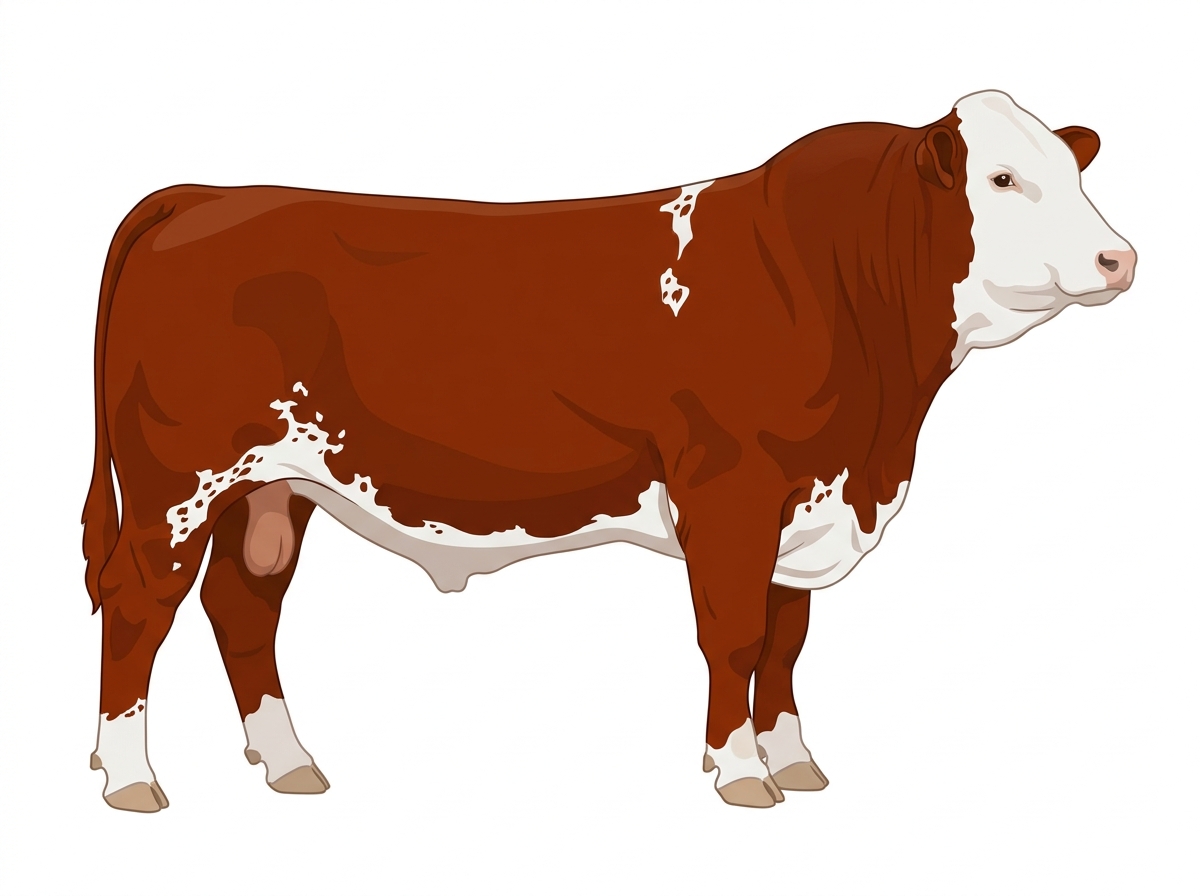 Red with a full white face, white brisket and underline, a few white spots and ticking in the white Fullblood Simmental Bull