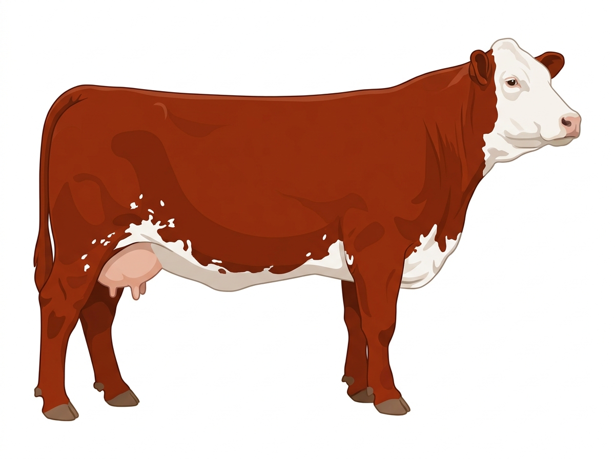 Red with a full white face, white brisket and underline, a few white spots and ticking in the white Fullblood Simmental Cow