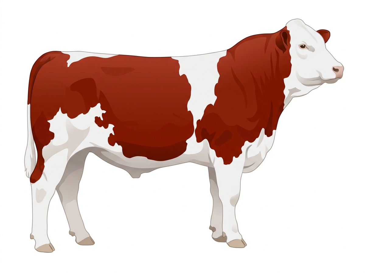 Red with a full white face, white brisket and underline and colored patches on a mostly white body Fullblood Simmental Steer