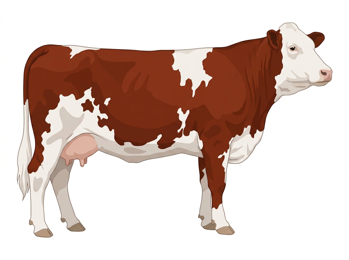 Red with a full white face, white brisket and underline and white in large patches Fullblood Simmental Cow