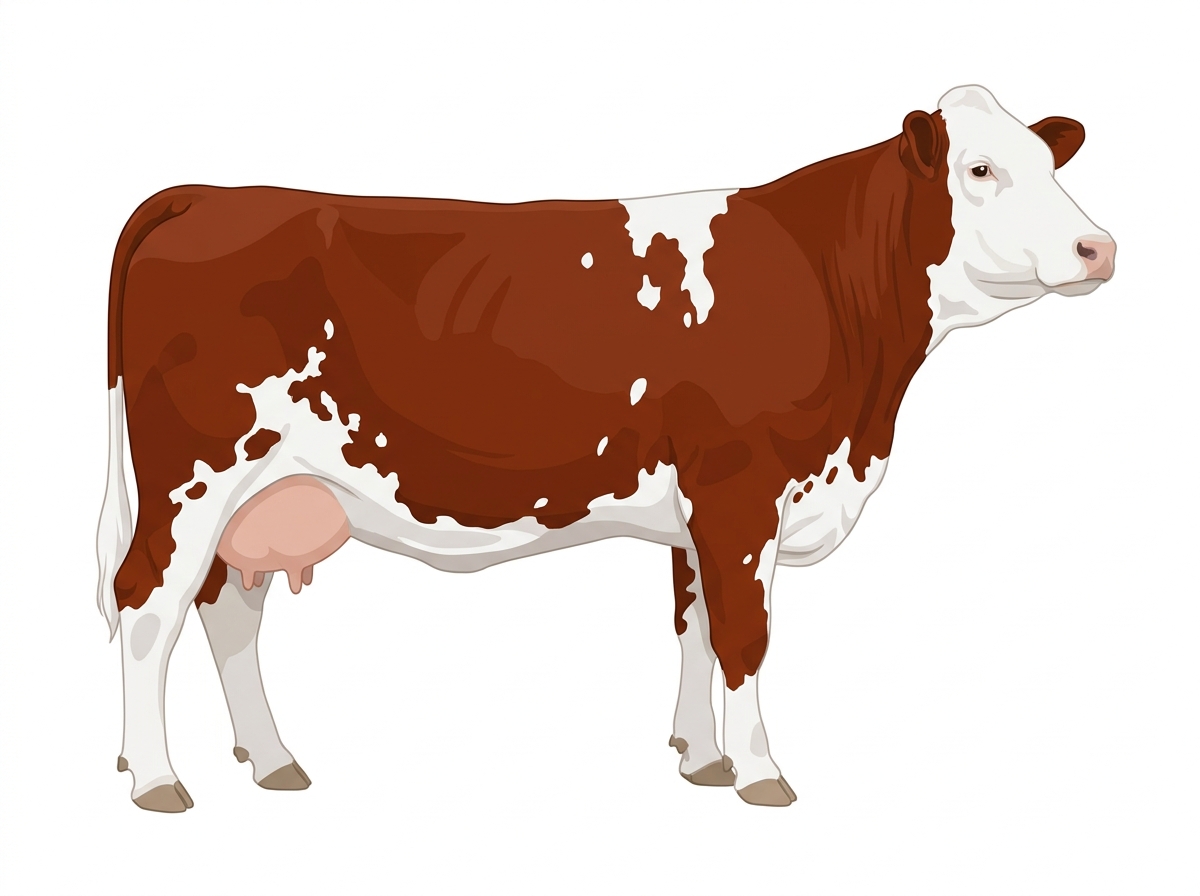 Red with a full white face, white brisket and underline and white spots Fullblood Simmental Cow