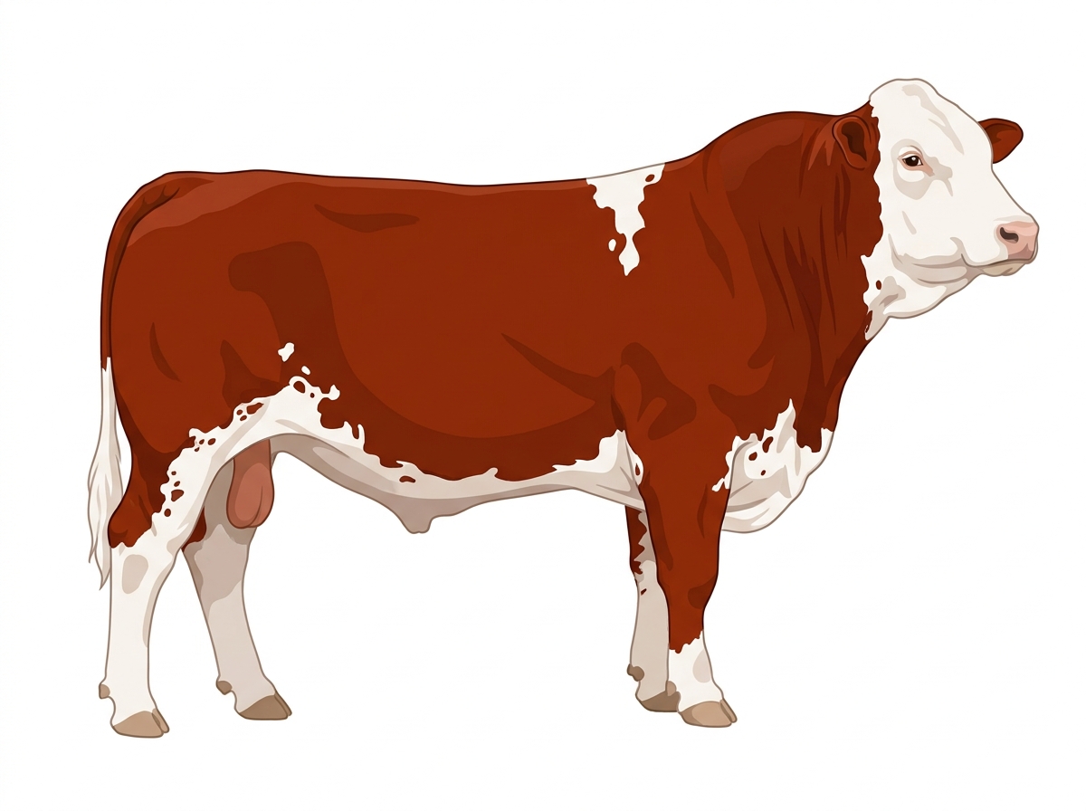 Red with a full white face, white brisket and underline, white spots and ticking in the white Fullblood Simmental Bull