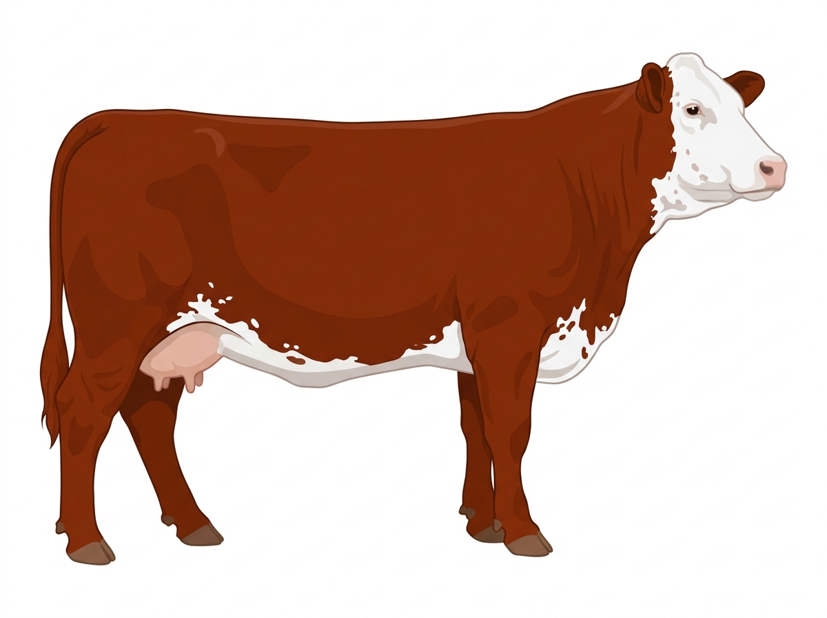 Red with a full white face, white brisket and underline, white spots and ticking in the white Fullblood Simmental Cow