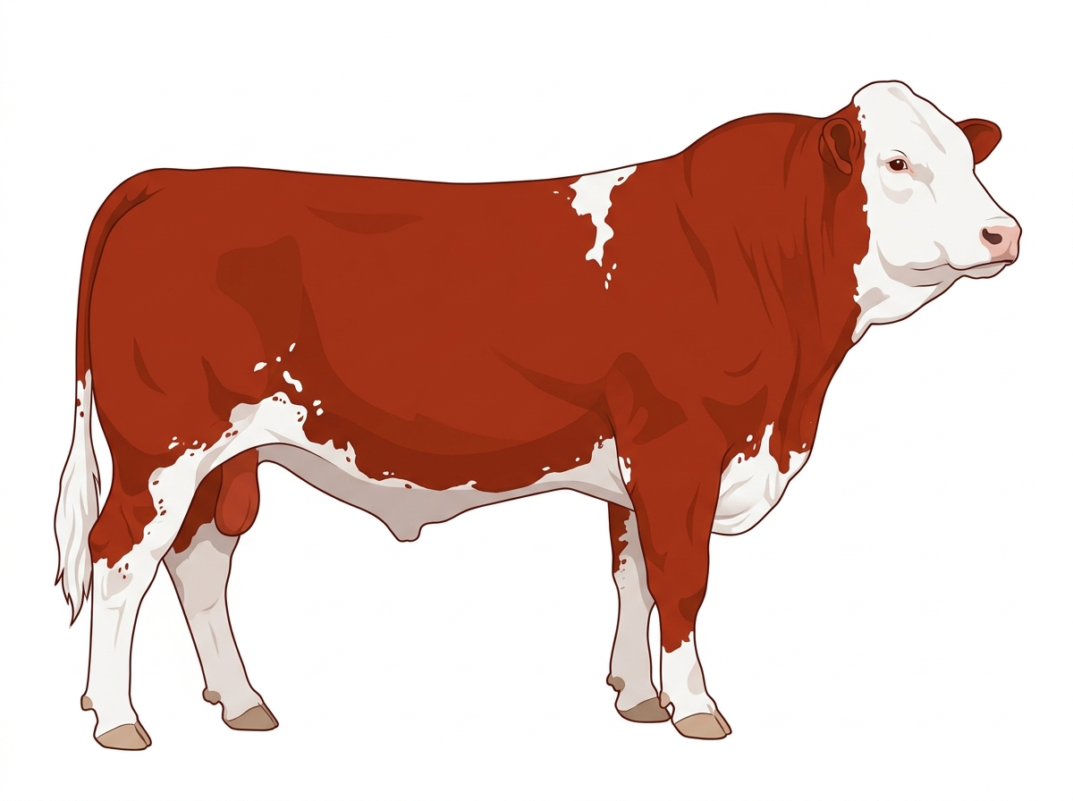 Red with a full white face, white brisket, underline and legs, white spots and ticking in the white Fullblood Simmental Bull