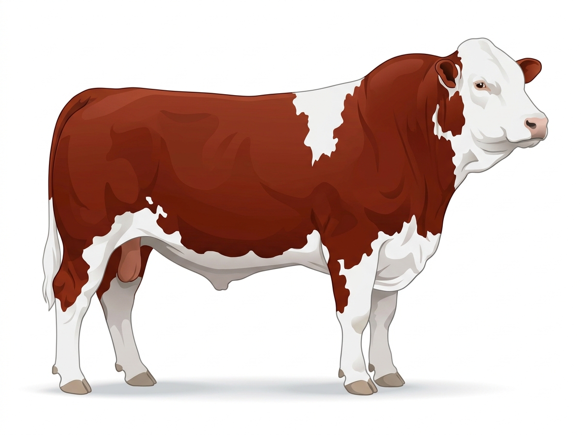 Red with a white face and white in large patches Fullblood Simmental Bull