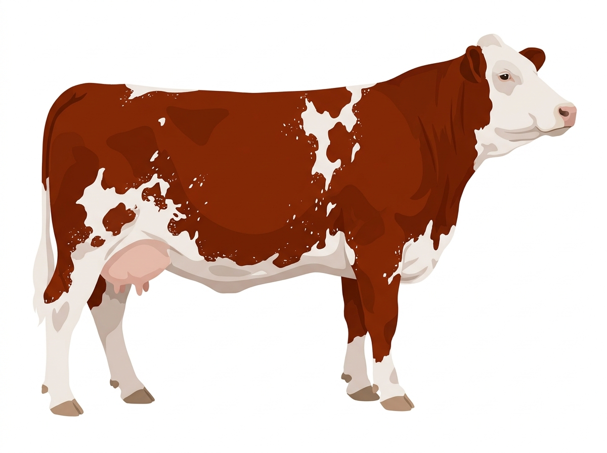 Red with a white face, white in large patches and ticking in the white Fullblood Simmental Cow