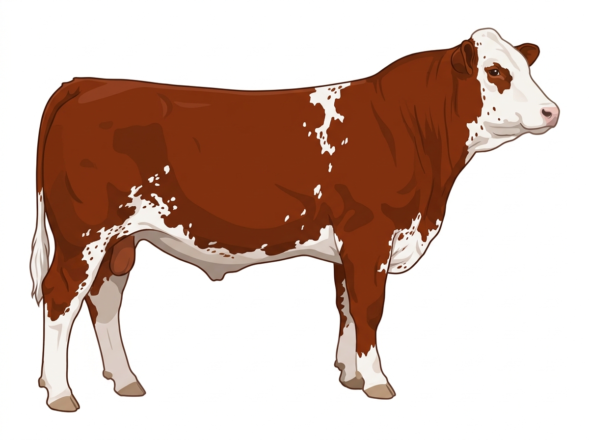 Red with a white face, white spots and ticking in the white Fullblood Simmental Steer