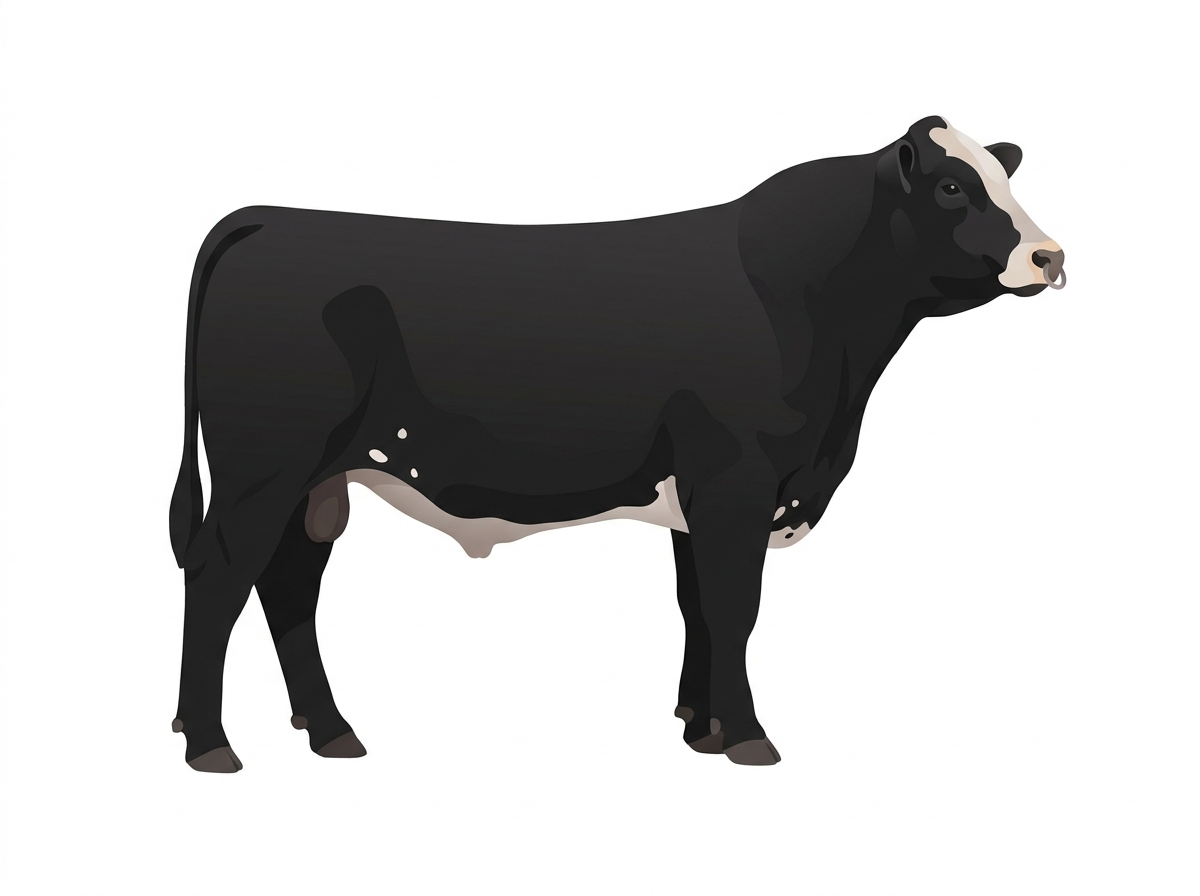 Black with a pale muzzle ring and lighter underline, a partial white face and a few white spots Gelbvieh Cross Bull