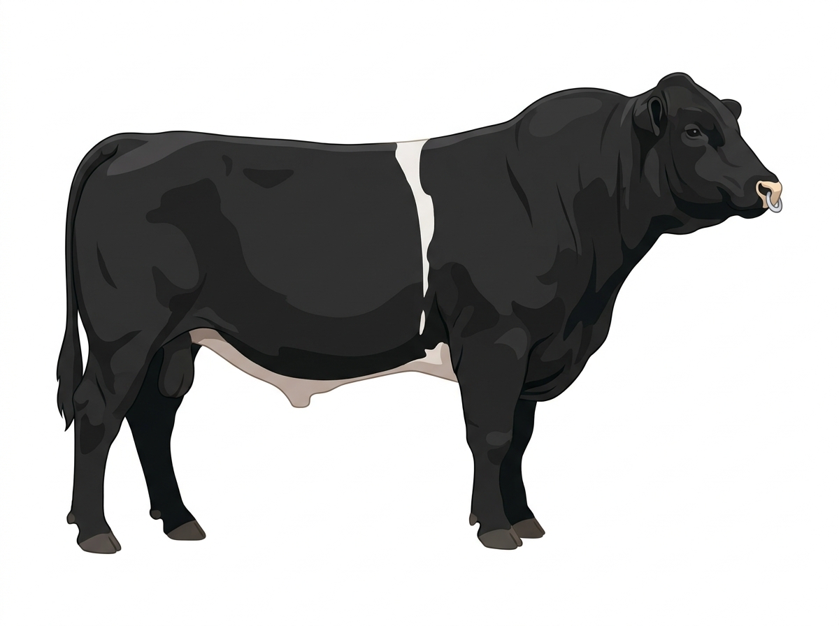 Black with a pale muzzle ring and lighter underline and a white belt around the midsection Gelbvieh Cross Bull