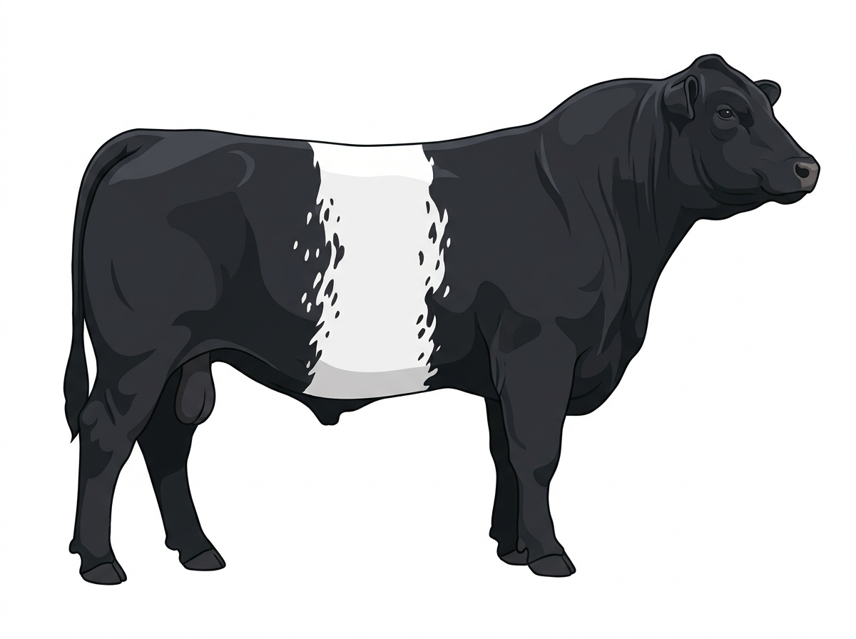 Black with a white belt around the midsection and ticking in the white Gelbvieh Cross Bull