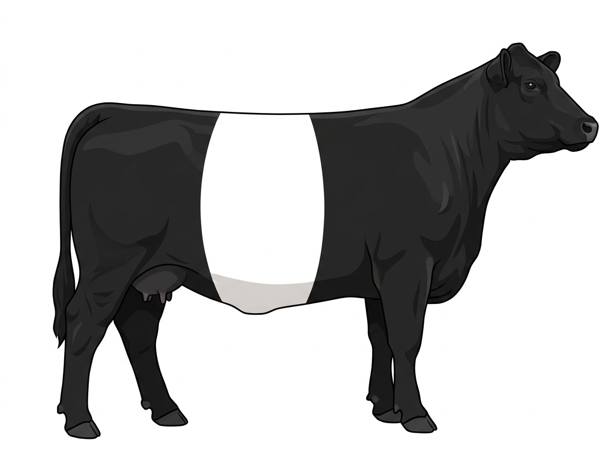 Black with a white belt around the midsection Gelbvieh Cross Cow