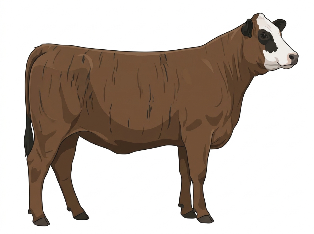 Brown brindle with faint black striping, black points and a white face Gelbvieh Cross Heifer