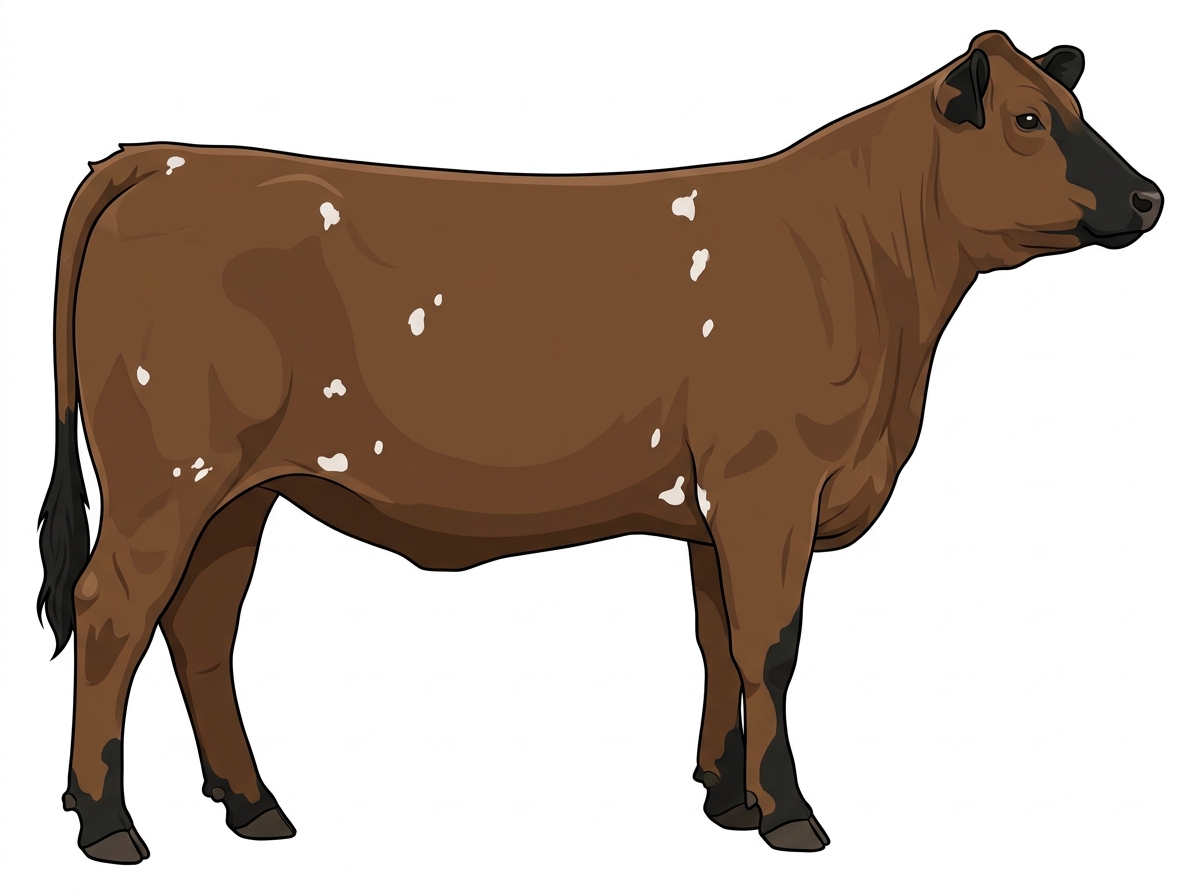 Brown with black points and a few white spots Gelbvieh Cross Heifer