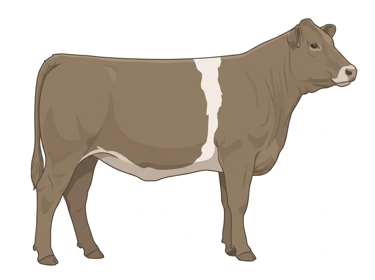 Dun with a pale muzzle ring and lighter underline and a white belt around the midsection Gelbvieh Cross Heifer