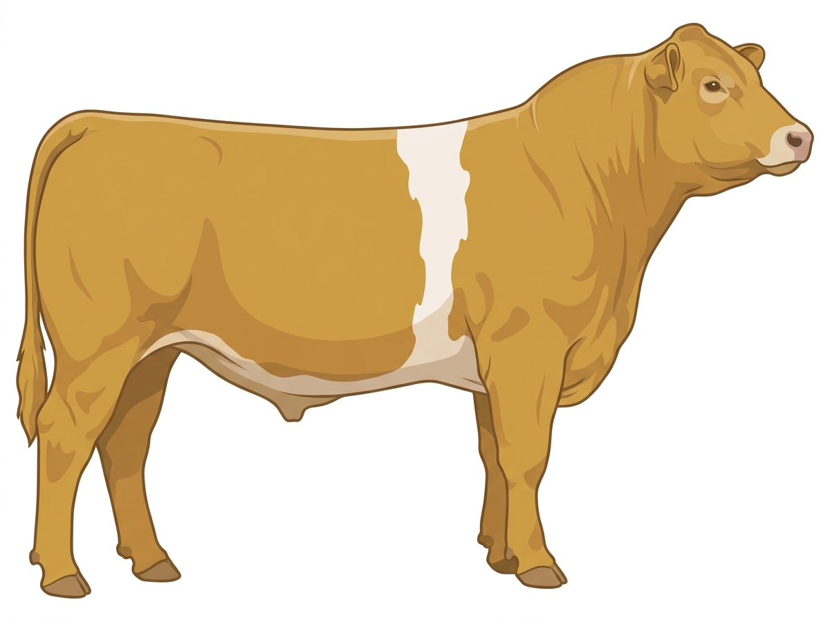 Gold with a pale muzzle ring and lighter underline and a white belt around the midsection Gelbvieh Cross Bull