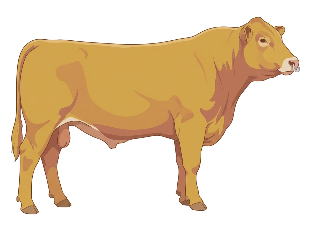 Gold with a pale muzzle ring and lighter underline Gelbvieh Cross Bull