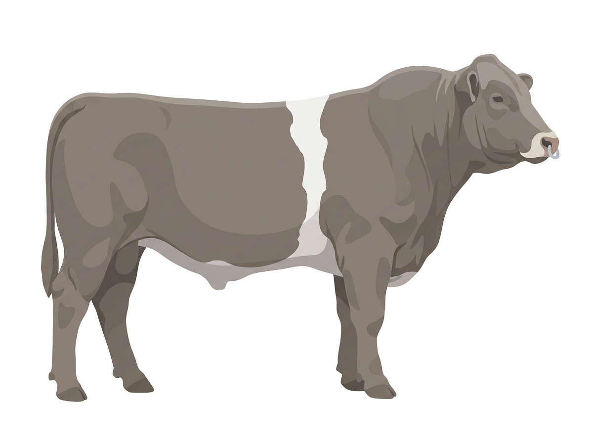 Gray with a pale muzzle ring and lighter underline and a white belt around the midsection Gelbvieh Cross Bull