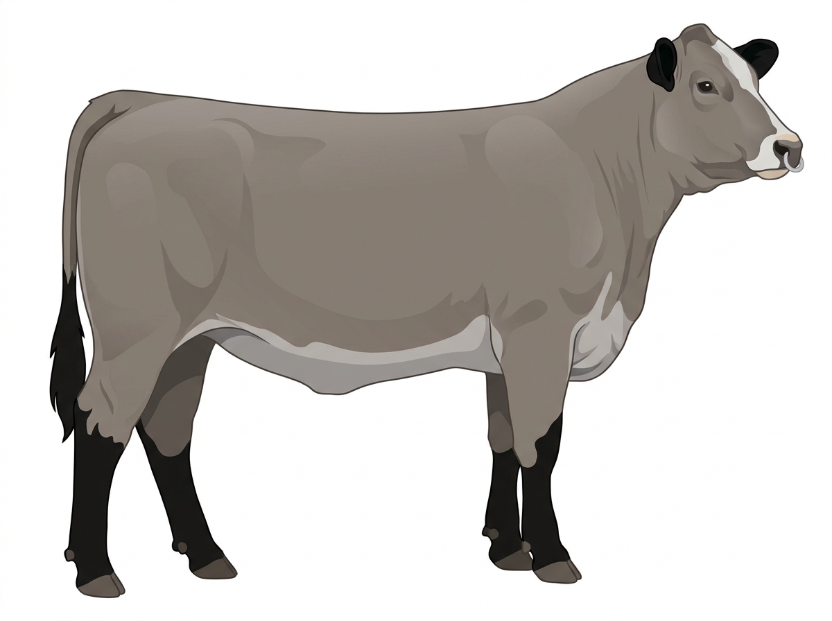 Gray with black points, a pale muzzle ring and lighter underline and a partial white face Gelbvieh Cross Heifer