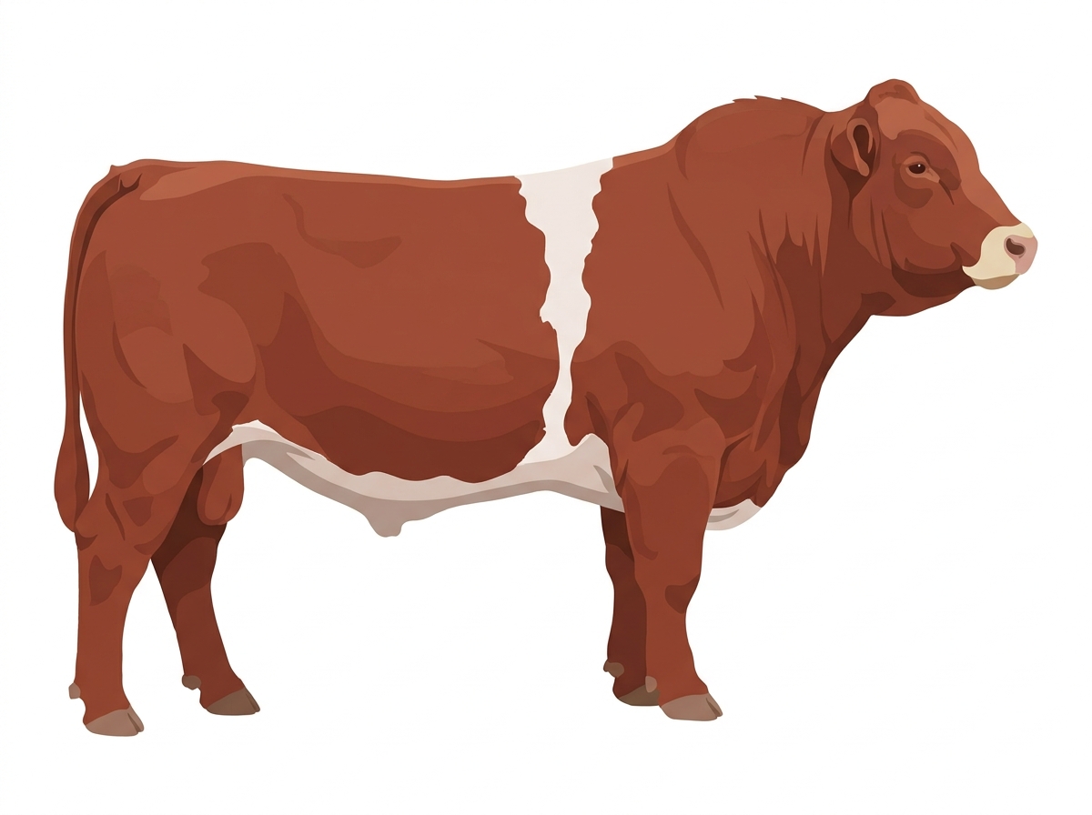 Red roan with a pale muzzle ring and lighter underline and a white belt around the midsection Gelbvieh Cross Bull