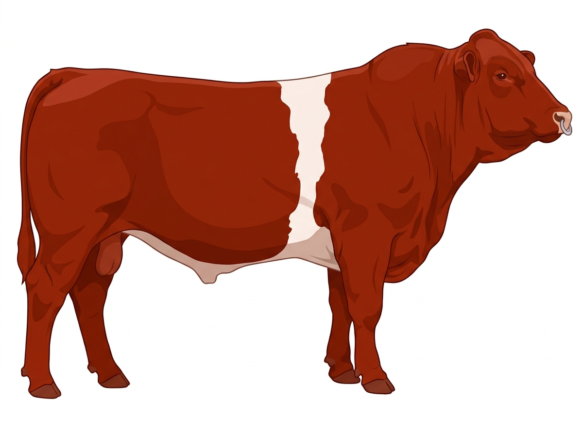 Red with a pale muzzle ring and lighter underline and a white belt around the midsection Gelbvieh Cross Bull