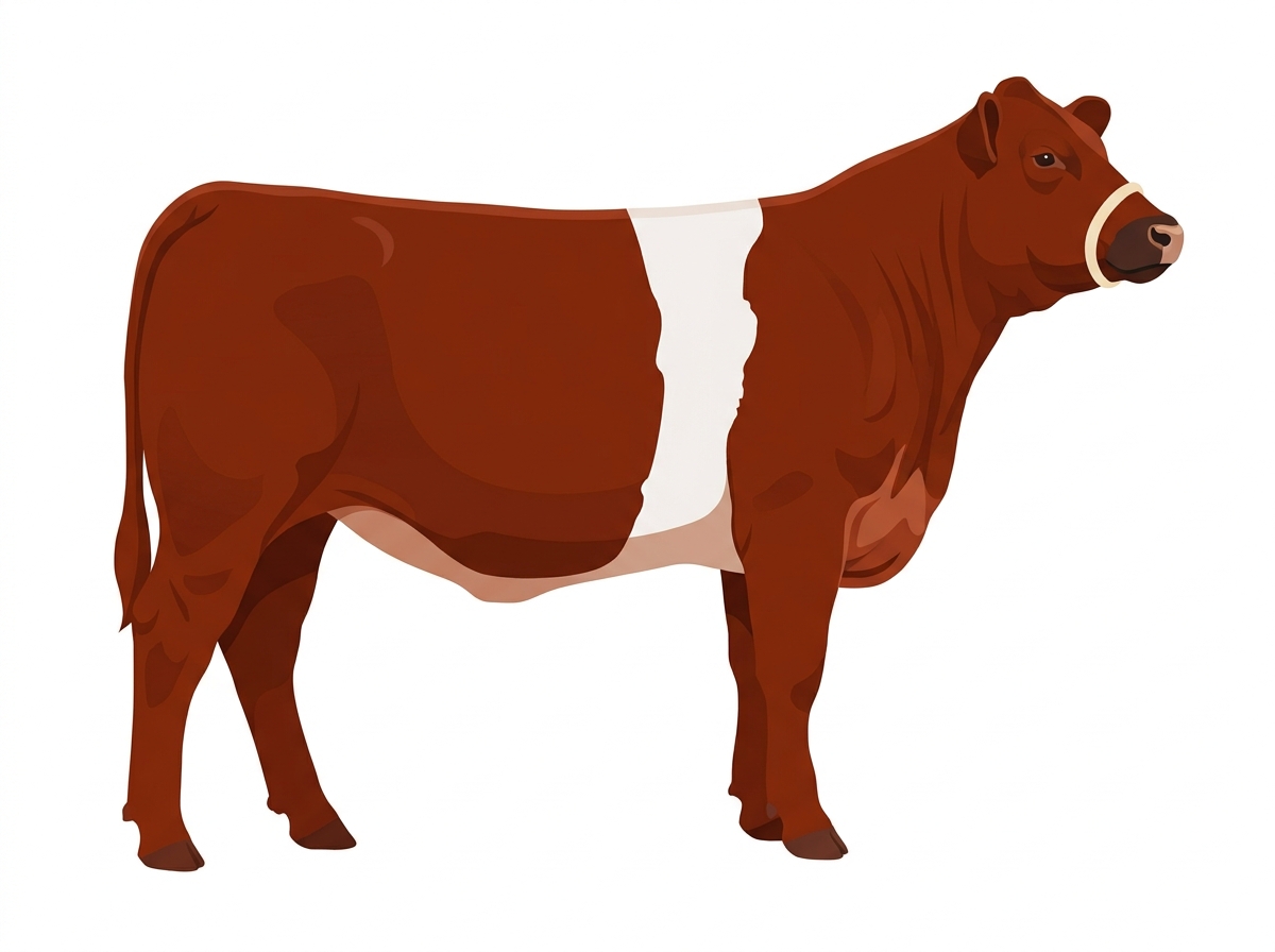 Red with a pale muzzle ring and lighter underline and a white belt around the midsection Gelbvieh Cross Heifer