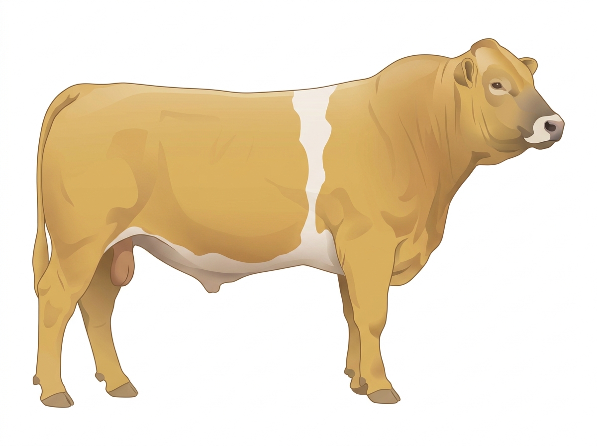 Yellow Dun with a pale muzzle ring and lighter underline and a white belt around the midsection Gelbvieh Cross Bull