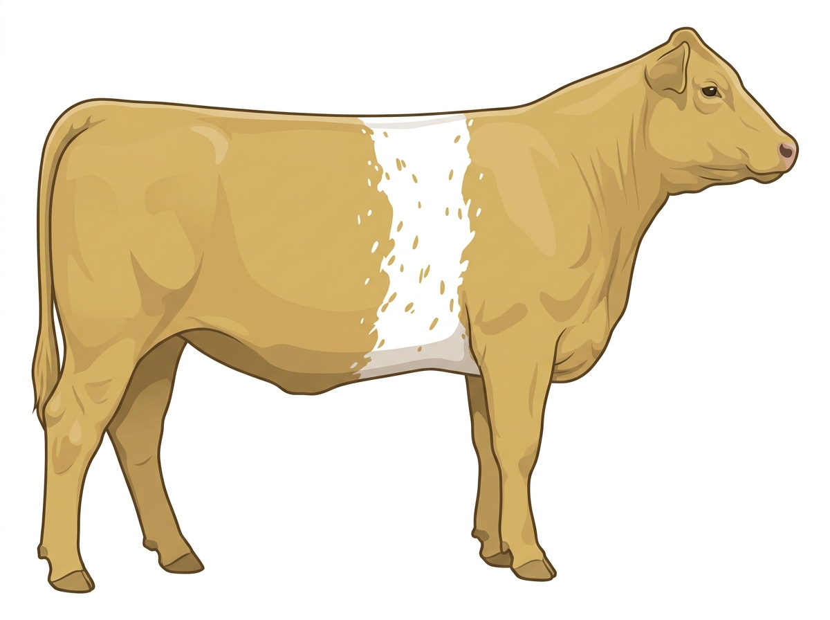 Yellow Dun with a white belt around the midsection and ticking in the white Gelbvieh Cross Heifer