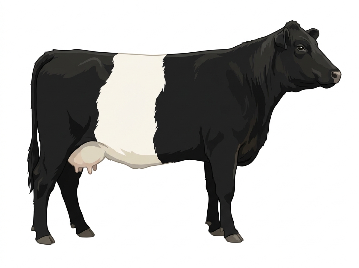 Black with white belt Gelbvieh x Belted Galloway Cross Cow