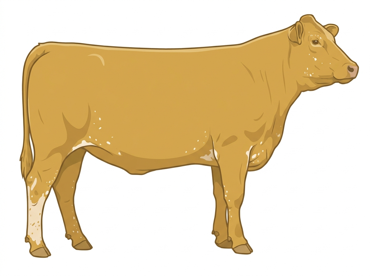 Gold with minimal spotting with ticking Gelbvieh x Maine-Anjou Cross Heifer