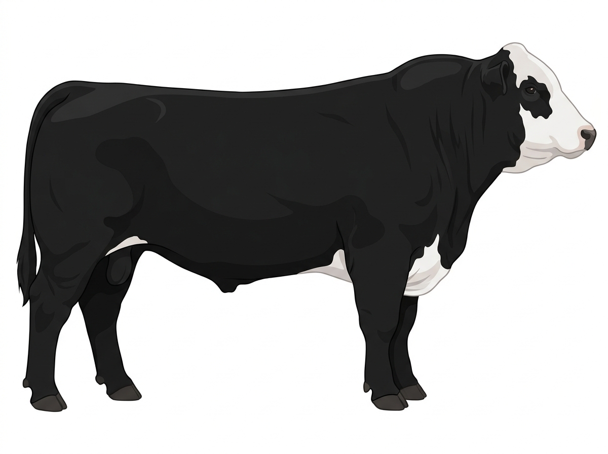 Black with a partial white face Hereford Cross Bull