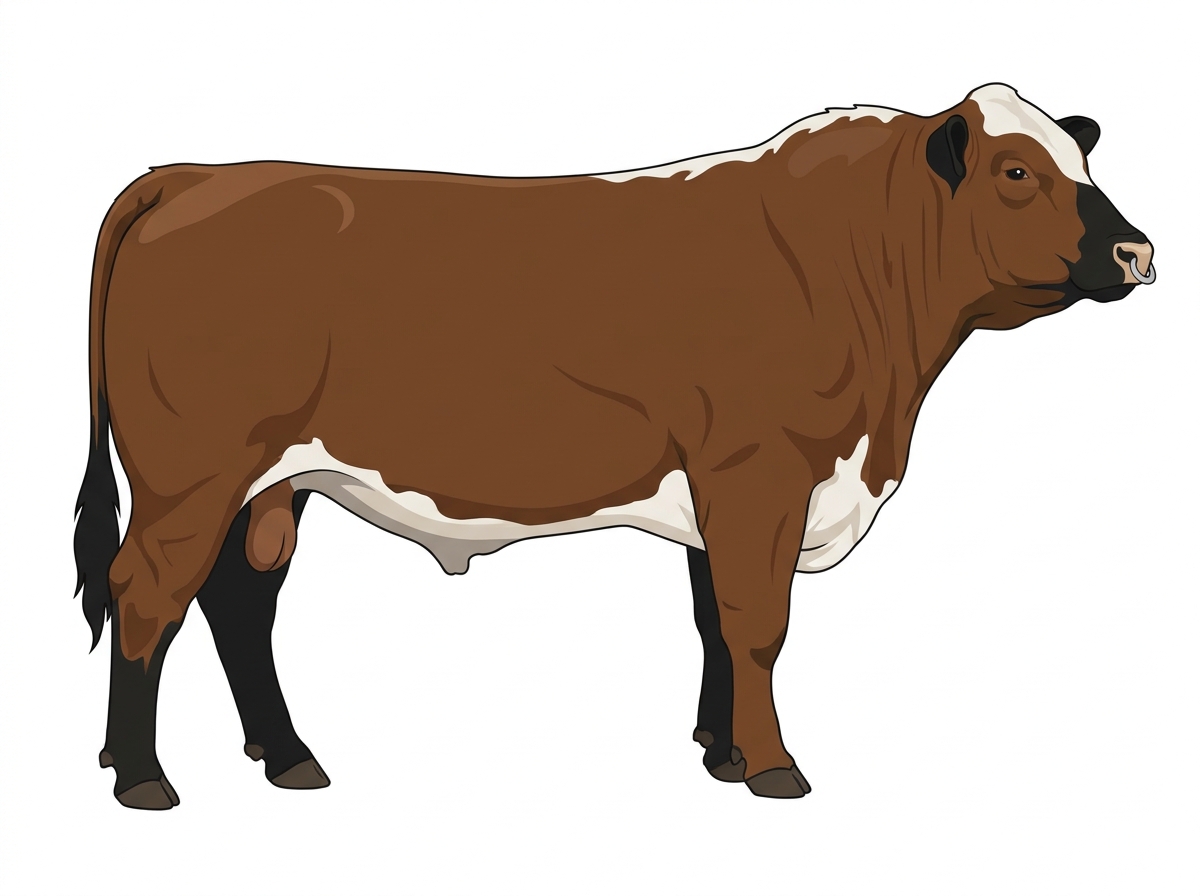 Brown with black points, a pale muzzle ring and lighter underline and a partial white face Hereford Cross Bull