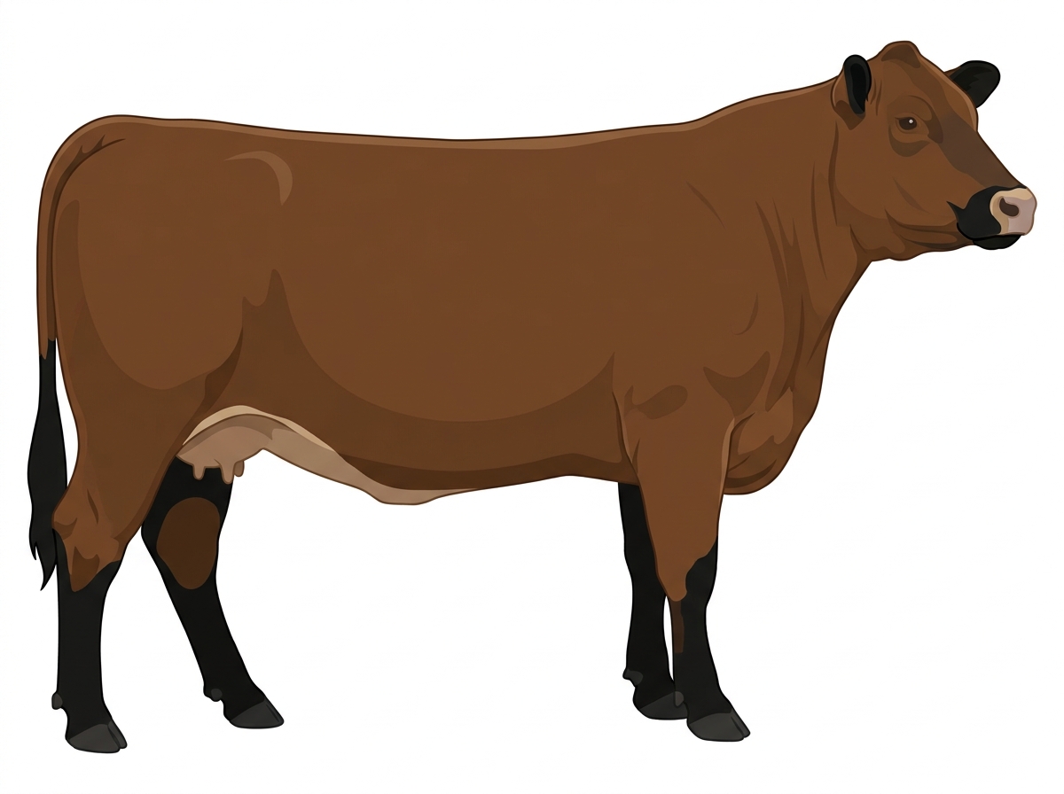 Brown with black points and a pale muzzle ring and lighter underline Hereford Cross Cow